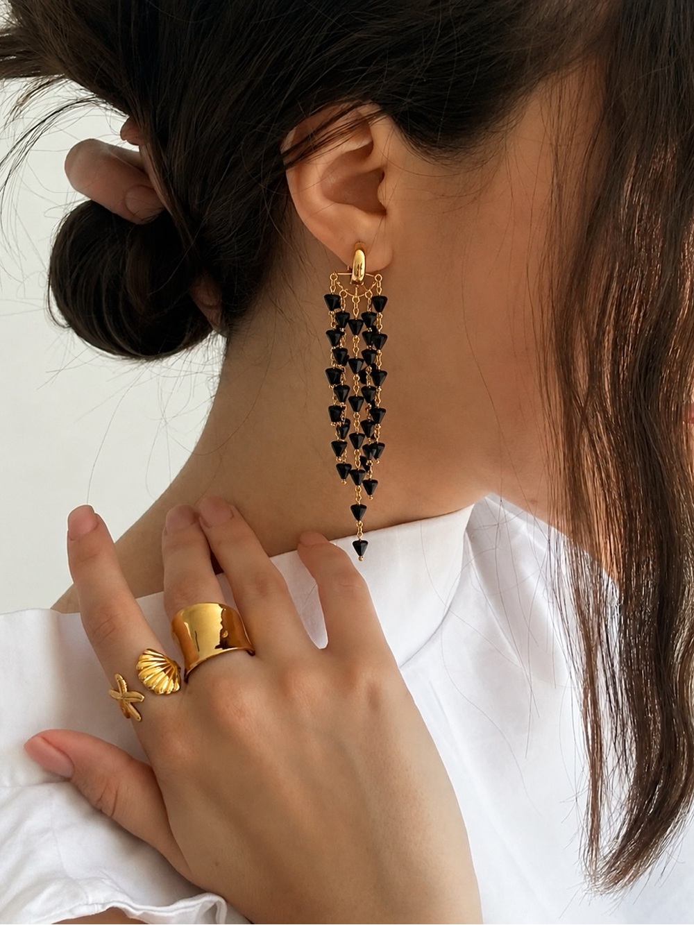 Gold and Black Cascading Triangle Drop Earrings